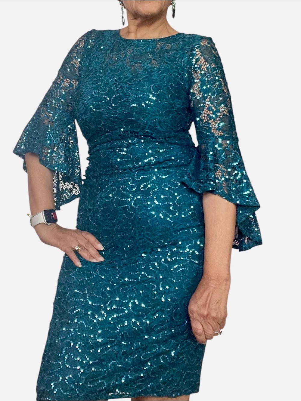Night Way Collections Teal Lace Sequin Midi Dress with Bell Sleeves